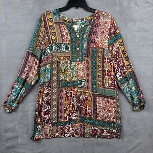J.Jill Petite L Patchwork Print Rayon Button Up Tunic Top Bohemian‎